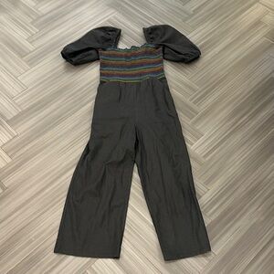 Something Navy Black Smocked Jumpsuit with Puff Sleeves